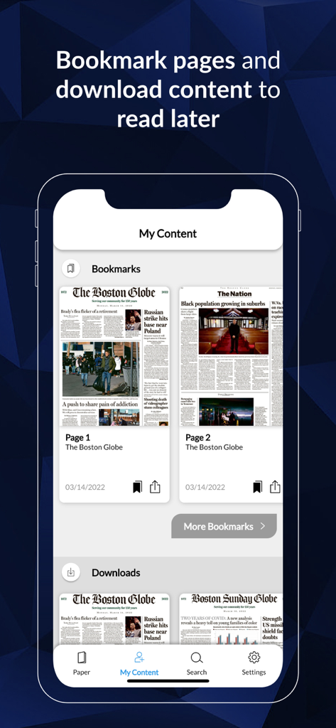 The My Content screen of the Boston Globe ePaper app showing bookmarked pages and downloaded newspaper editions