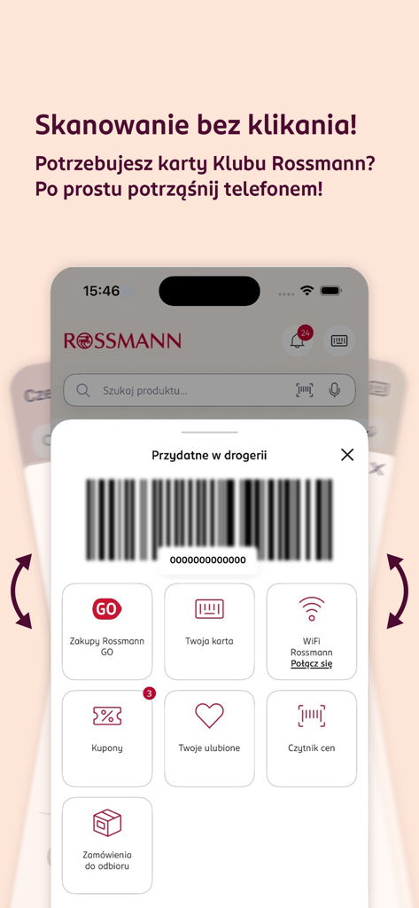 La app Rossmann PL mostrando un código de barras de tarjeta de fidelización digital y opciones de compra en tienda