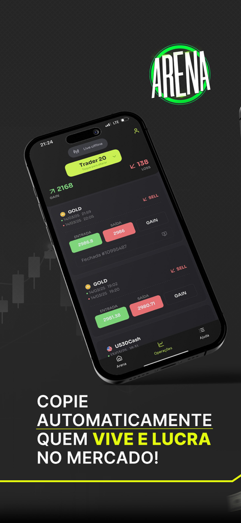 App Arena - Smartphone mostrando la interfaz móvil de App Arena con señales de trading para oro y activos del mercado