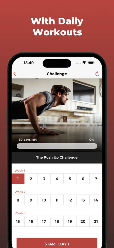 Un uomo che esegue un piegamento sull'interfaccia dell'app Sfida dei 30 Giorni di Piegamenti con un programma di allenamento giornaliero