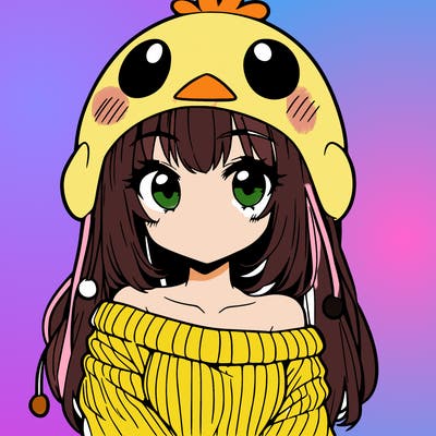 anime girl with chick shaped hat with sweater with bare shoulders with bangs covering them one eye with low tail