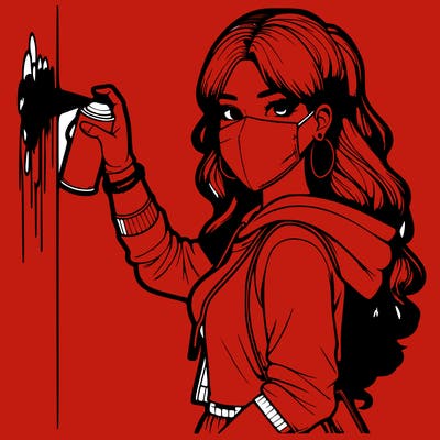 realistic girl with mask spray painting a wall