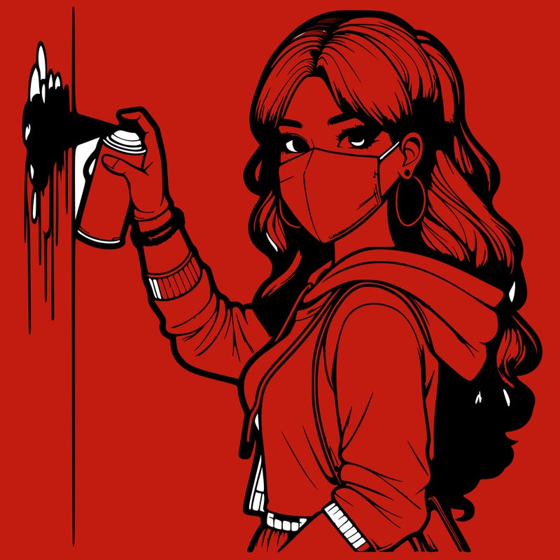 realistic girl with mask spray painting a wall