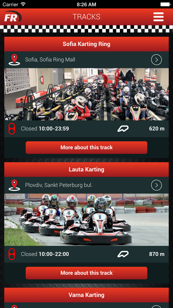 RaceFacer mobile app showing a list of karting tracks with photos and locations