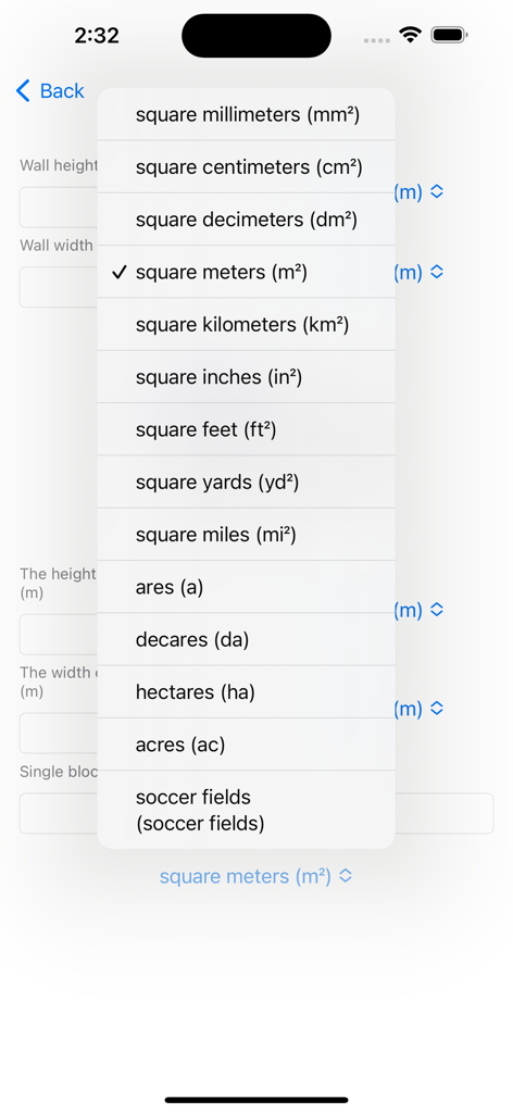 Concrete Calculator Estimator - Concrete Calculator Estimator app showing a dropdown menu of area measurement units including square feet, yards, and meters