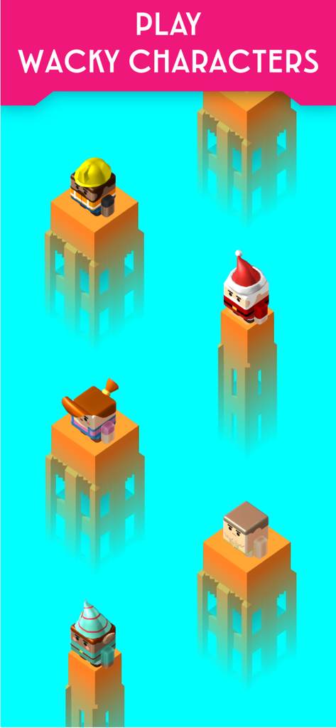 PLANK! - PLANKモバイルゲーム。高層ビルに立つ、様々なブロック状のキャラクターたちのコレクション