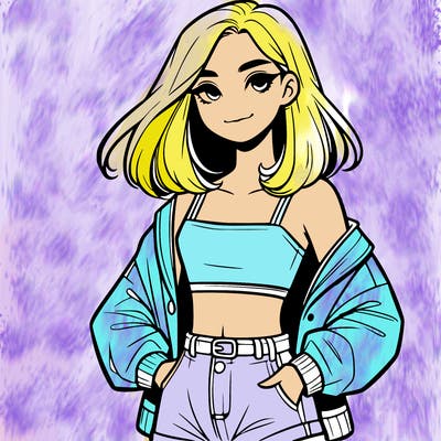 a realistic girl with a crop top and short shorts in an open jacket