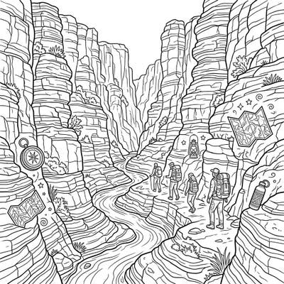 Journey into the heart of a breathtaking canyon with this adventurous coloring page, perfect for teens on a vacation quest. Explore intricate rock formations and discover hidden travel gear as you bring this scene to life.