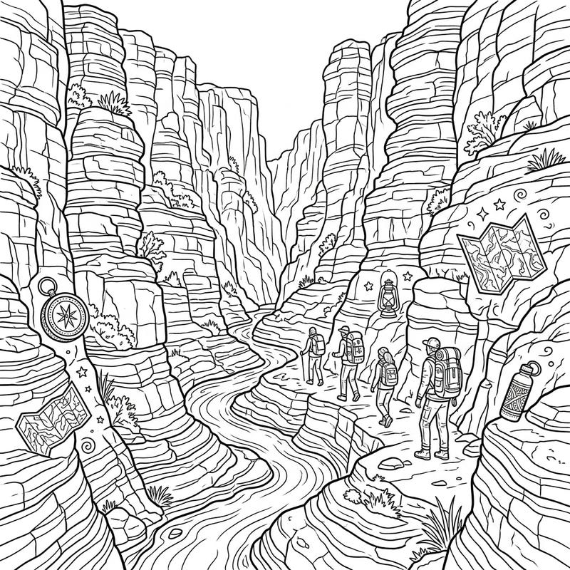 Journey into the heart of a breathtaking canyon with this adventurous coloring page, perfect for teens on a vacation quest. Explore intricate rock formations and discover hidden travel gear as you bring this scene to life.