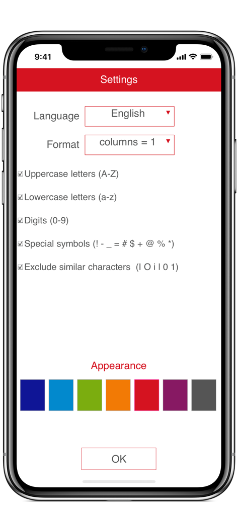 Pantalla de configuración de la aplicación RNG que muestra la selección de caracteres para contraseñas y las opciones de tema de color