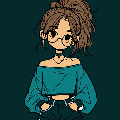 girl with a messy ponytail glasses a baggy crop top and jean shorts