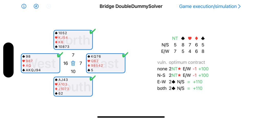 Interfaz de la aplicación BridgeDDS que muestra un reparto de mano de bridge con la matriz de análisis double dummy y contratos óptimos.