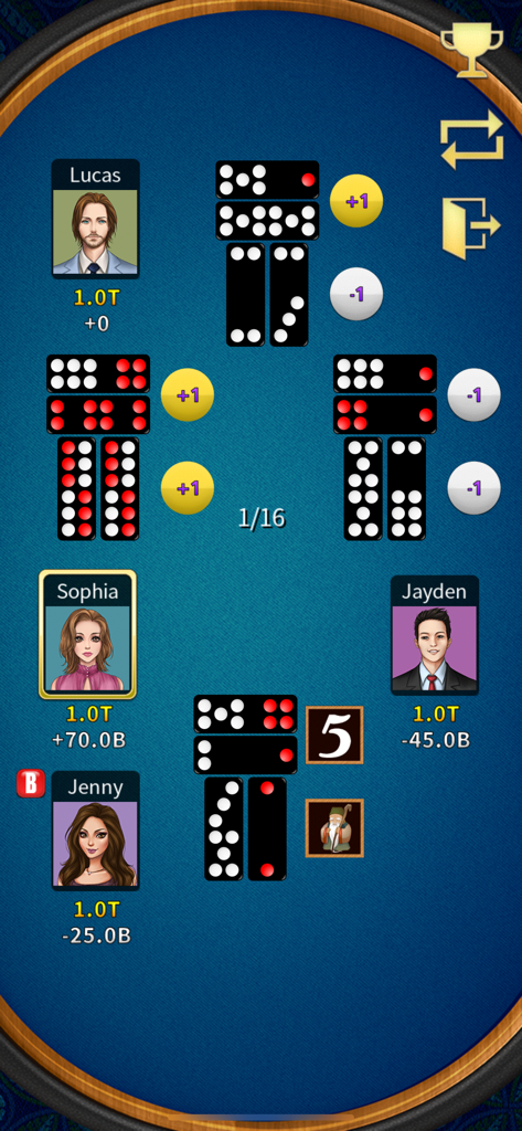 Pai Gow (Deluxe) - Une capture d'écran de gameplay de Pai Gow Deluxe montrant quatre avatars de joueurs et des tuiles chinoises traditionnelles sur une table de casino bleue.