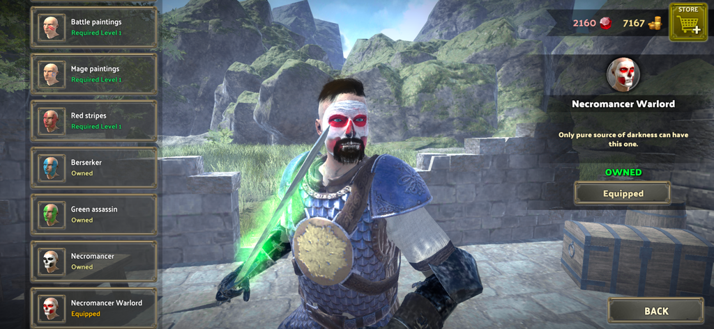 Knights of Glory : Online - Knights of Glory Online character customization menu showing the Necromancer Warlord face paint option equipped on a medieval warrior