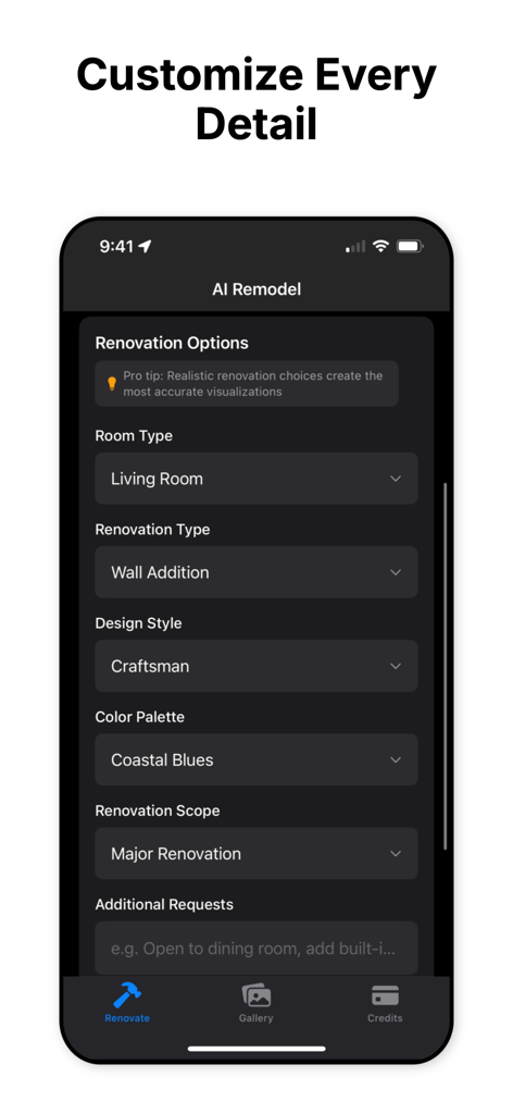 AI Remodel: Home Renovation - AI Remodel app screen with dropdown menus for room type design style and color palette settings
