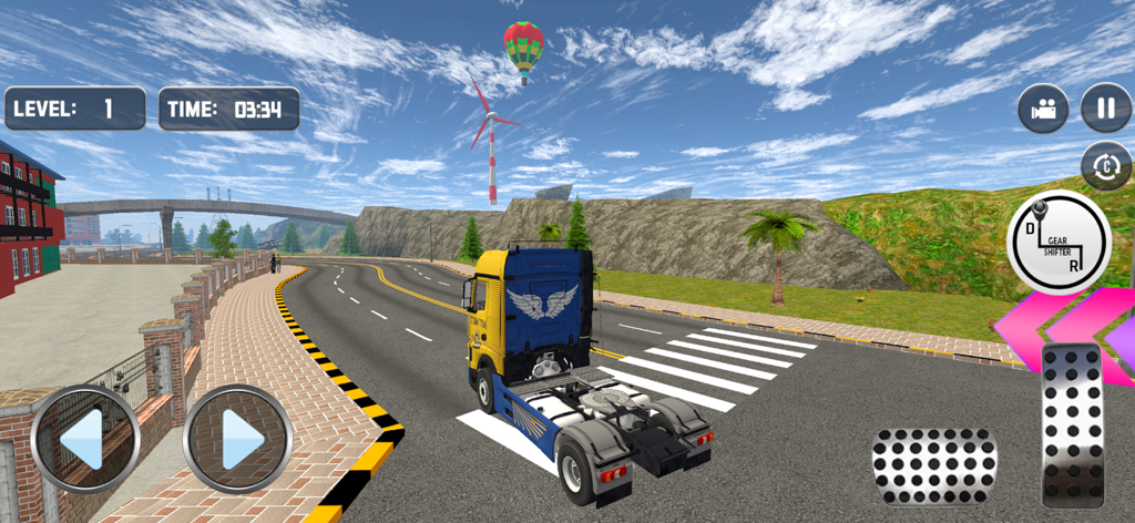 Truck Games Euro Truck Driving - Una cabina de camión cisterna azul y amarillo conduciendo por una carretera costera sinuosa en un juego de simulación con controles en pantalla.