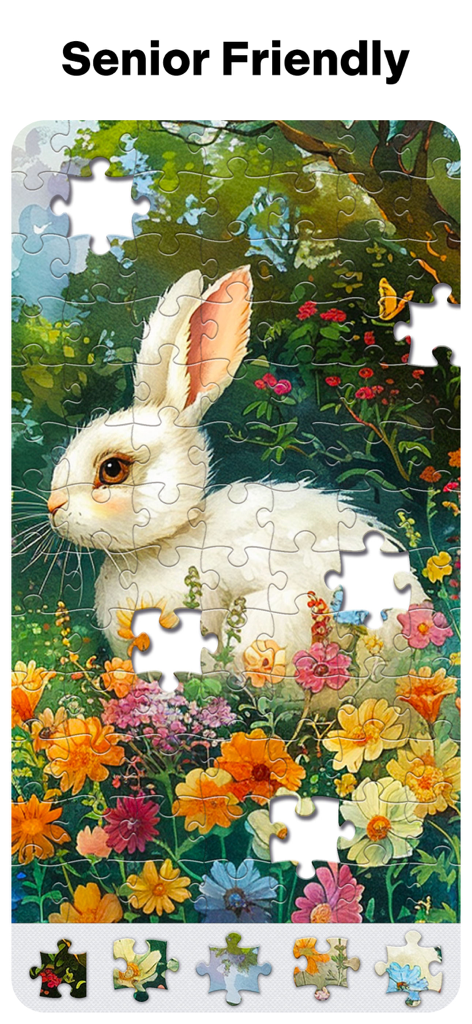 Jigsaw Puzzles for Adults HD - Un puzzle de rompecabezas digital apto para mayores de un conejo blanco en un jardín de flores vibrantes.
