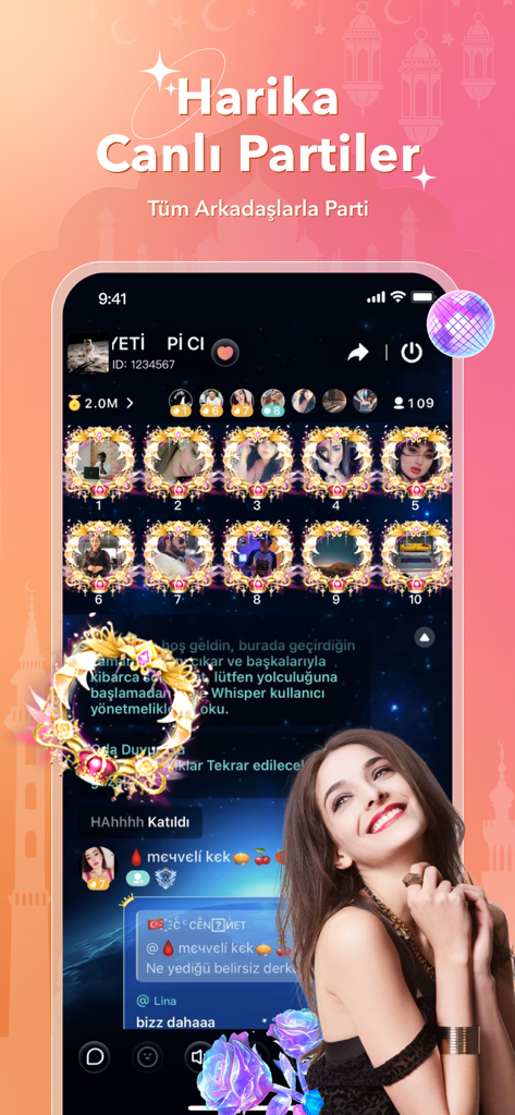 Interfaz de la aplicación Witok que muestra una sala de fiesta de chat de voz en vivo con múltiples perfiles de usuario y un feed de chat