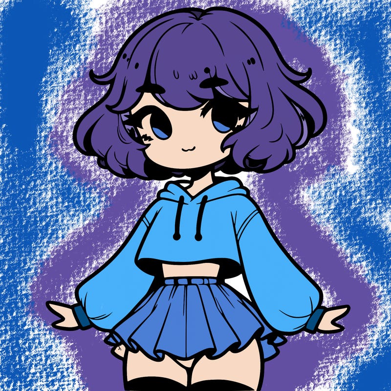 cute femboy with short, fluffy hair that softly frames their face, wearing a cropped hoodie, paired with a flouncy short skirt, and thigh-high stockings