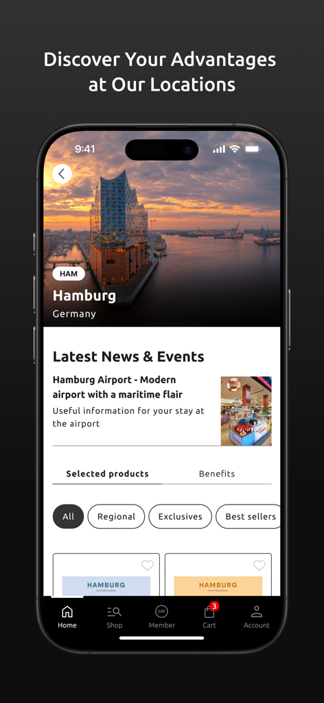 Screenshot of the Heinemann app showing duty free shopping advantages and news for Hamburg airport