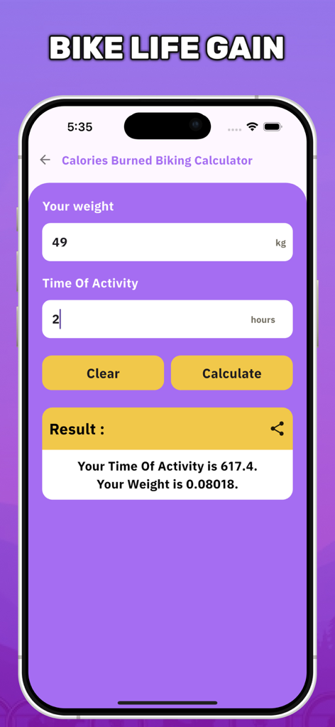 Cycling Calculators for Bike - Interface of the Calories Burned Biking Calculator showing input fields for weight and activity duration with a calculate button.