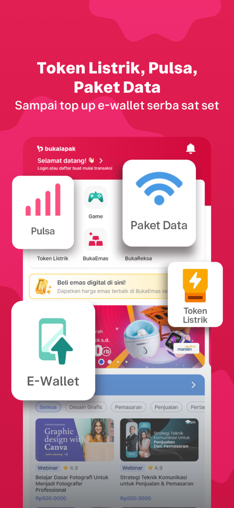Bukalapak - Jual Beli Online - Bukalapak mobile app interface showing options for electricity tokens phone credit and data packages