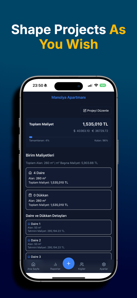 Buildfy - Buildfy App Dashboard mit den Gesamtkosten des Bauprojekts, Stückpreisen pro Quadratmeter und Details zu einzelnen Einheiten.