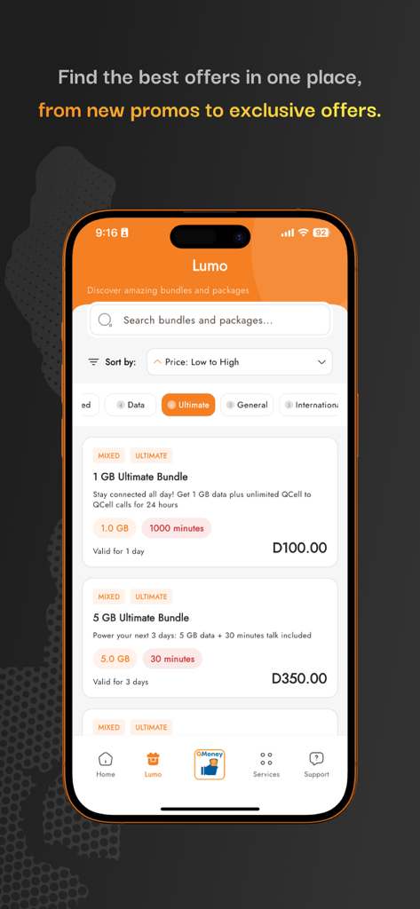 QCELL - Interface of the QCell app displaying mobile data and talk time bundles