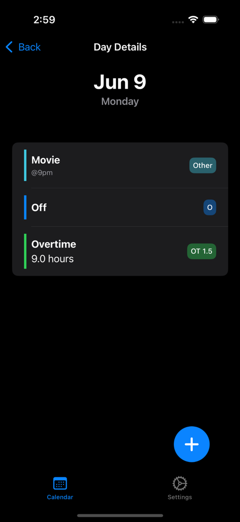 BeatKeeper Pro - Daily details screen in BeatKeeper Pro app showing overtime hours and shift schedule