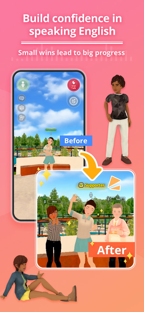 A comparison showing a single avatar transitioning into a group of interacting avatars in the fondi virtual space for English conversation practice.