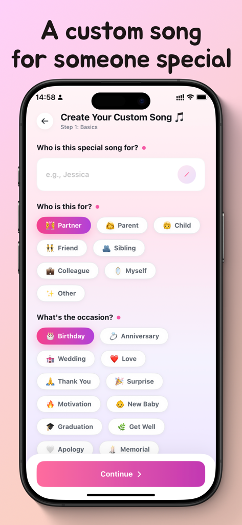 Songloom: AI Song Maker - Pantalla de la aplicación Songloom que muestra opciones para elegir un destinatario de la canción y la ocasión