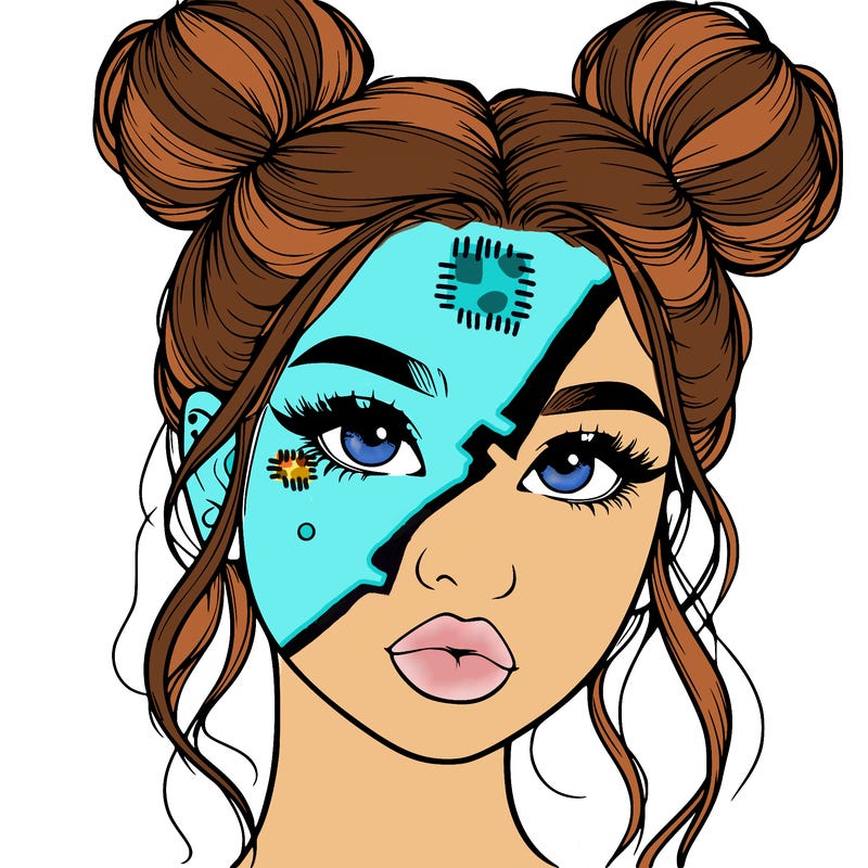 realistic girl with two buns on her hair and lips