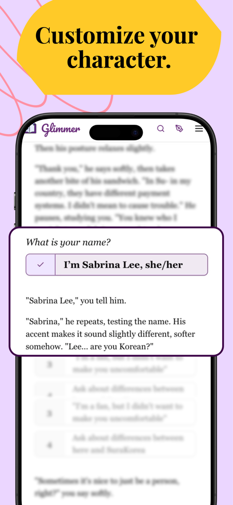 Glimmer: Interactive Fanfics - Benutzeroberfläche der Glimmer-App, die die Auswahl von Charakternamen und Pronomen für eine Geschichte zeigt.