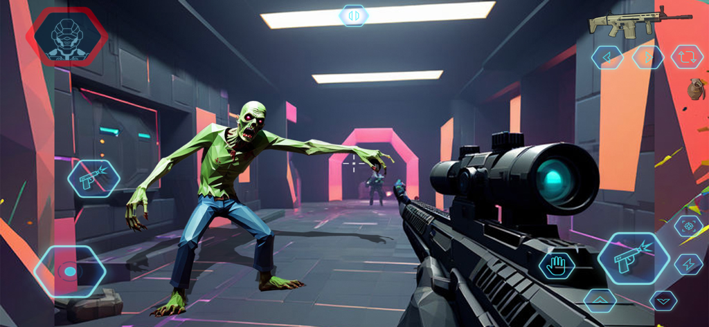 Zombie Battleground Shooting - First person view of a player aiming a rifle at a zombie in a 3D pixel game