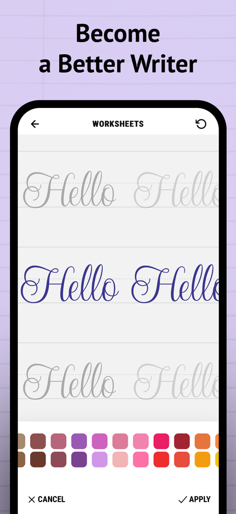 Calligraphy Practice · Cursive - A mobile screen showing a cursive writing worksheet with the word Hello and a color picker