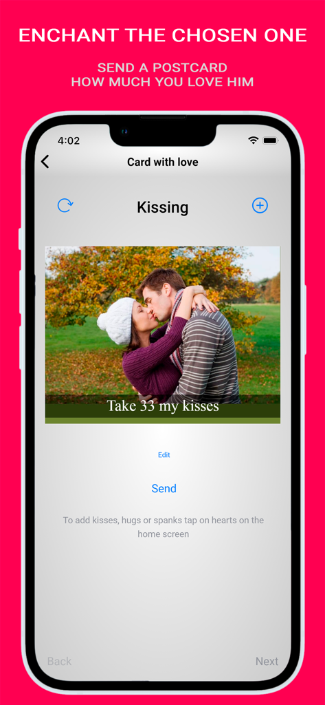 Love - My Relationship Counter - Una función de postal de amor digital en la aplicación del contador de relaciones que muestra una pareja besándose con un mensaje romántico personalizado.