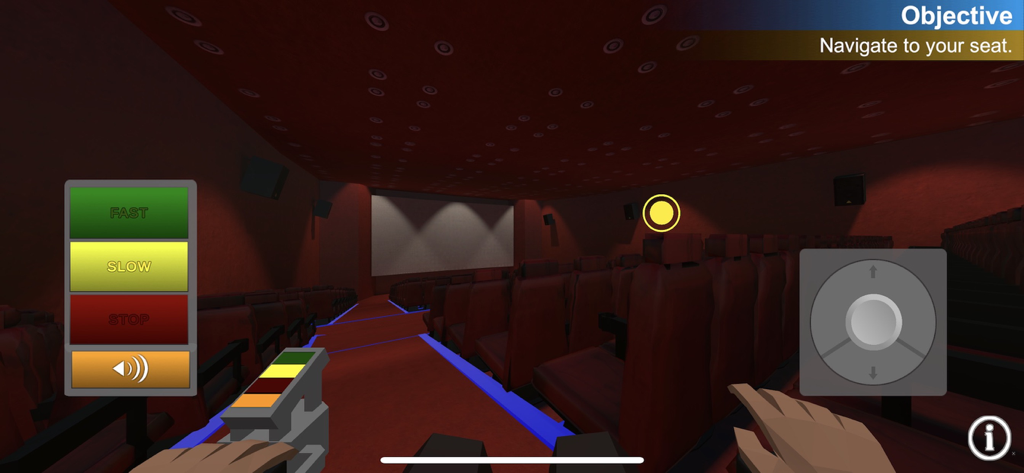 Wheelchair Mobility Experience - First person perspective of navigating a motorized wheelchair through a movie theater to find accessible seating