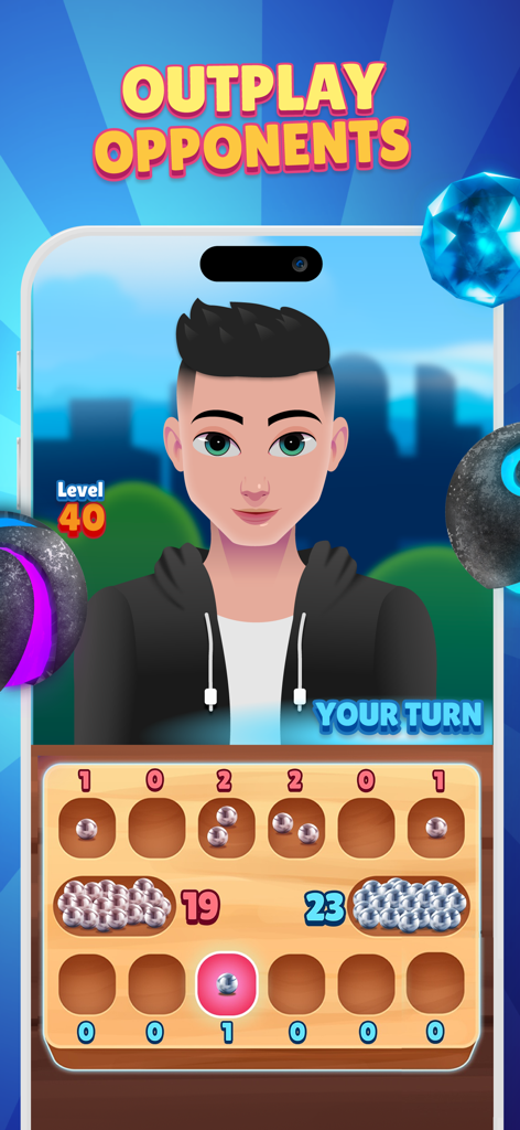 Mancala Adventures: Board Game - 플레이어 아바타와 전략 보드 대결을 표시하는 만칼라 어드벤처 게임 인터페이스.