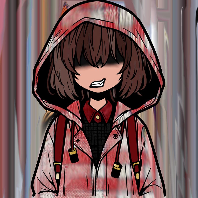little anime girl in a raincoat her hair is covering her eyes she has a lighter