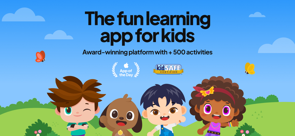 Papumba: Kids Learning Games - Papumba kids learning app banner featuring diverse cartoon characters and educational awards