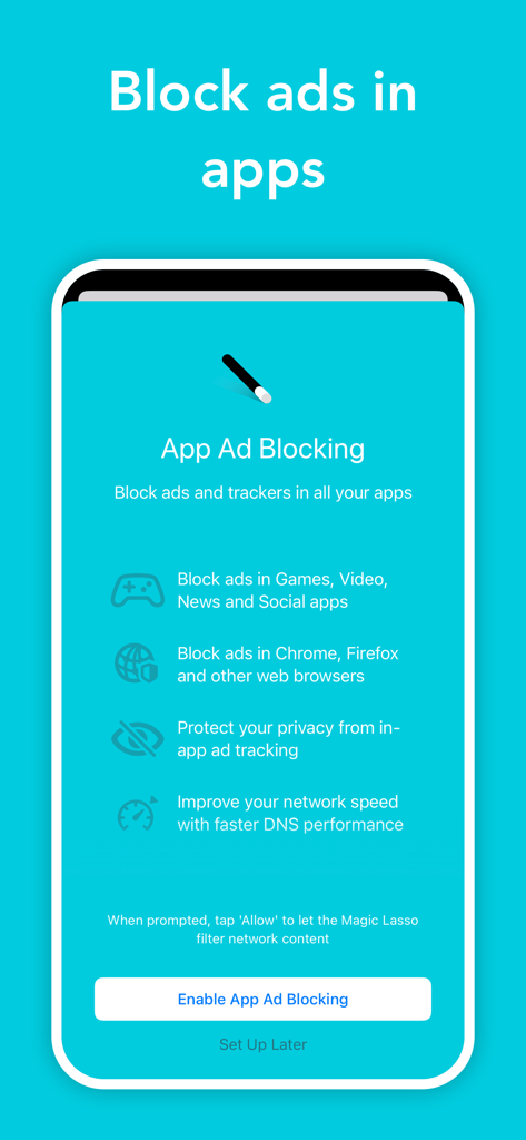 Ad blocker by Magic Lasso - Tela do aplicativo Magic Lasso Adblock mostrando recursos para bloquear anúncios em jogos móveis e aplicativos.