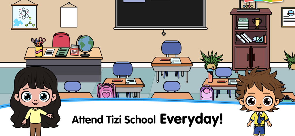 My Tizi School Cafe World Game - Two cartoon characters in a classroom with desks and a blackboard in My Tizi School Cafe World Game