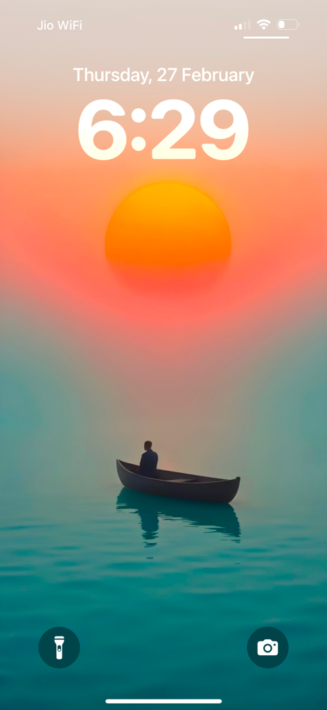 Lagguy Wallpaper Background - iPhone lock screen featuring a minimalist wallpaper of a man in a boat under a large orange sun