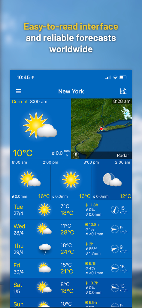 WeatherPro App-Oberfläche mit detaillierter Wettervorhersage und Radar für New York
