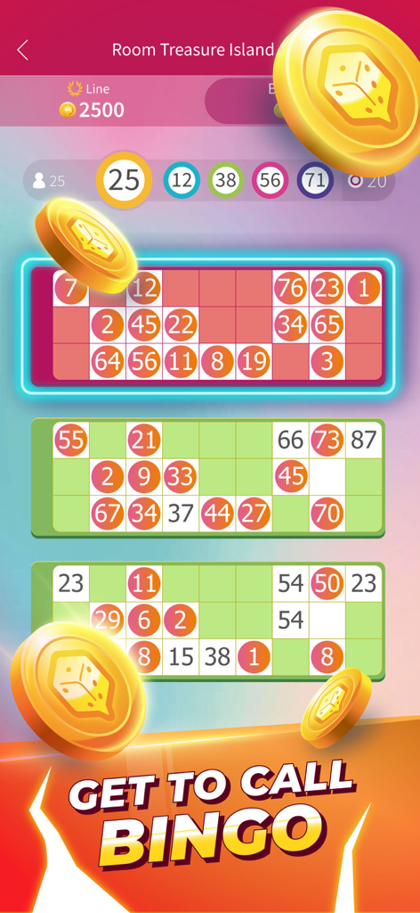 Pantalla del juego de bingo móvil de PlayJoy con múltiples cartones de bingo y monedas de oro flotantes