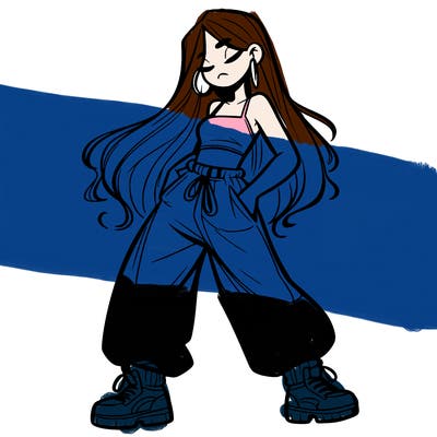 girl in baggy pants crop top and long hair