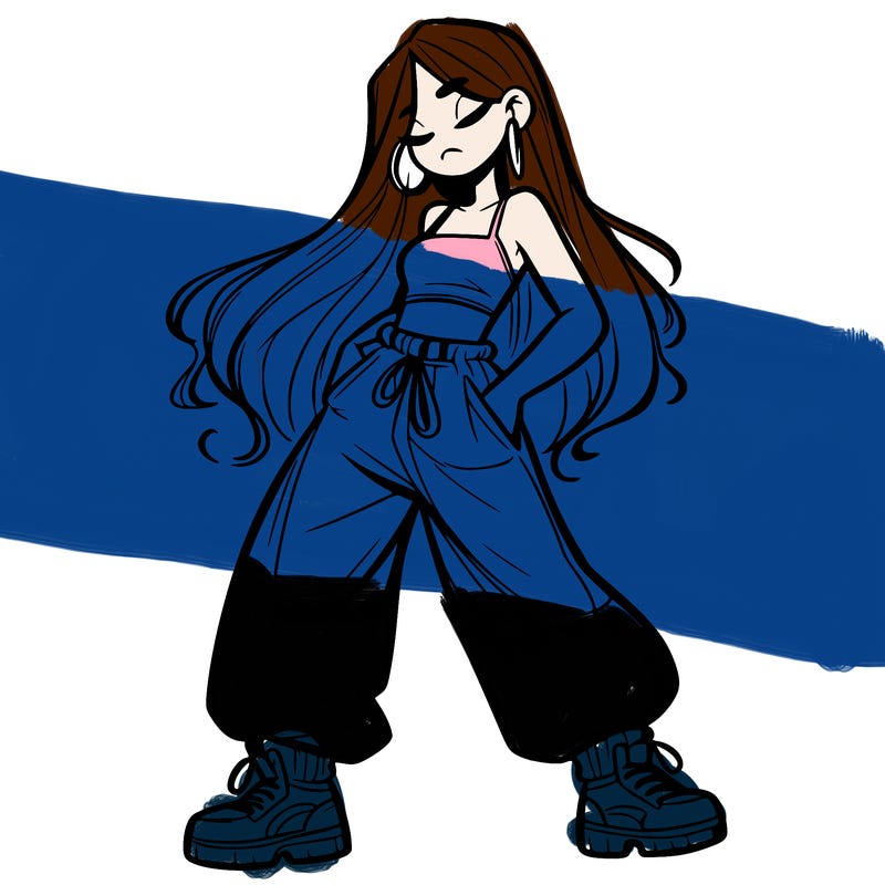 girl in baggy pants crop top and long hair