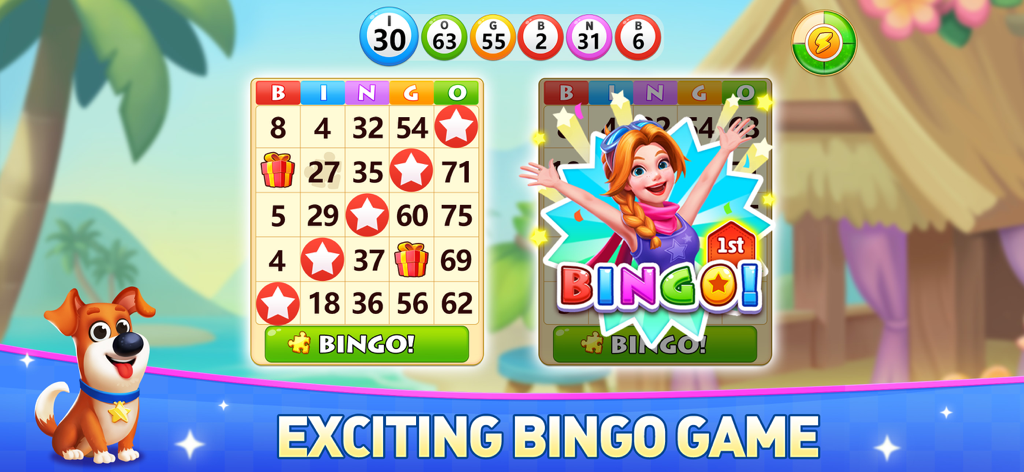 Bingo Vacation - Bingo Games - Bingo Vacation mobile game interface showing bingo cards a character celebrating a win and a cute puppy mascot on a tropical island background
