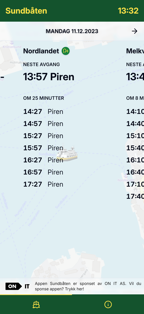 Sundbåten - Sundbaaten app showing ferry departure times from Nordlandet to Piren
