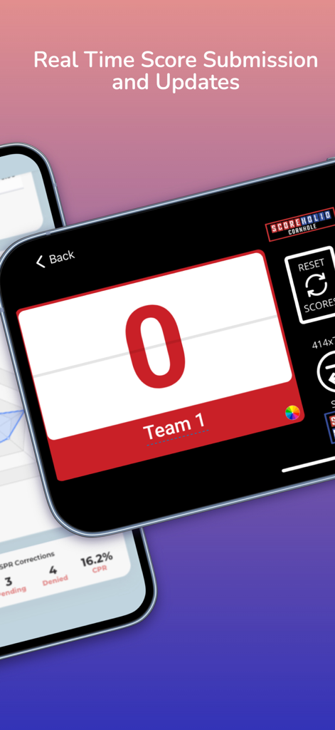 A smartphone displaying the Scoreholio app's digital scoreboard for real-time cornhole match updates.